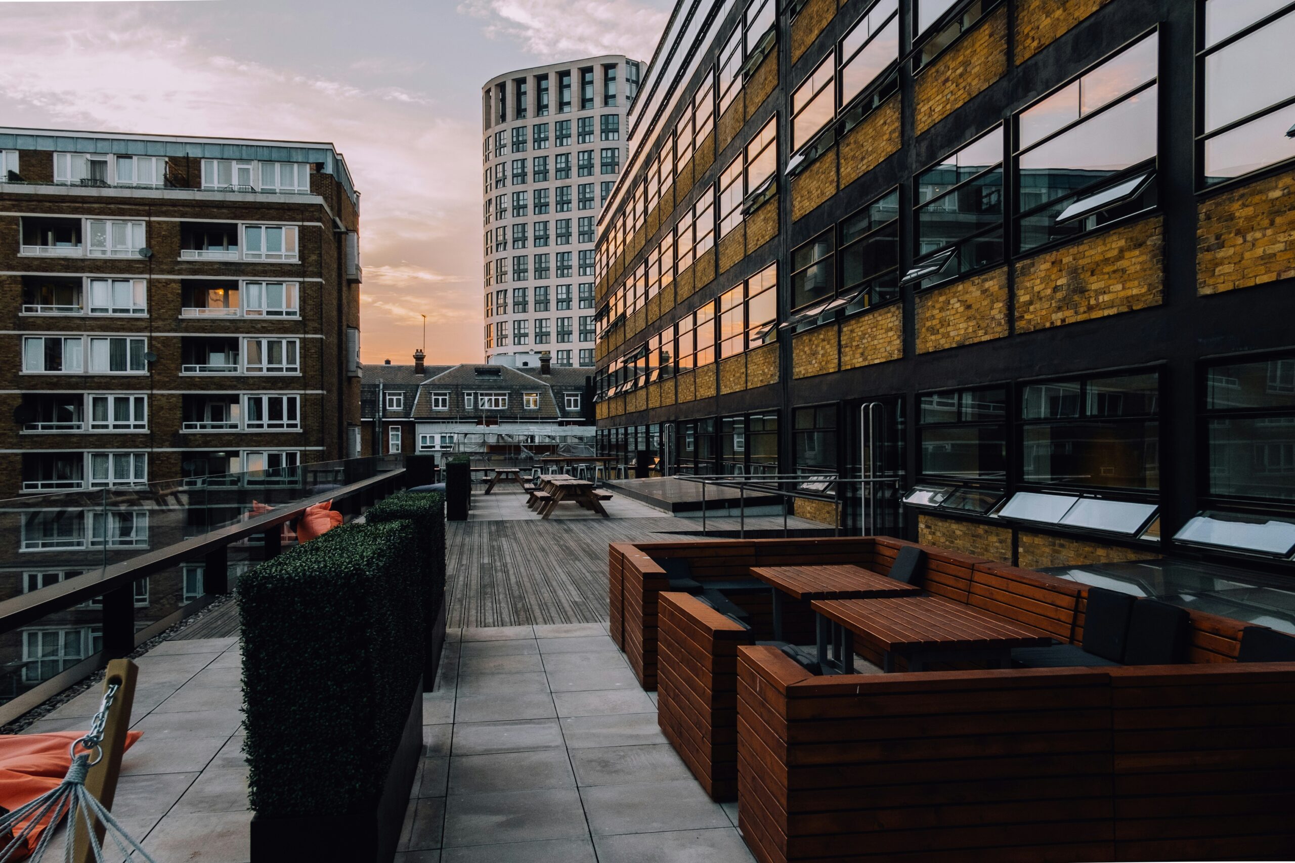 Commercial building with patio and skyline