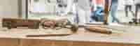 Carpentry job site with tools on a table