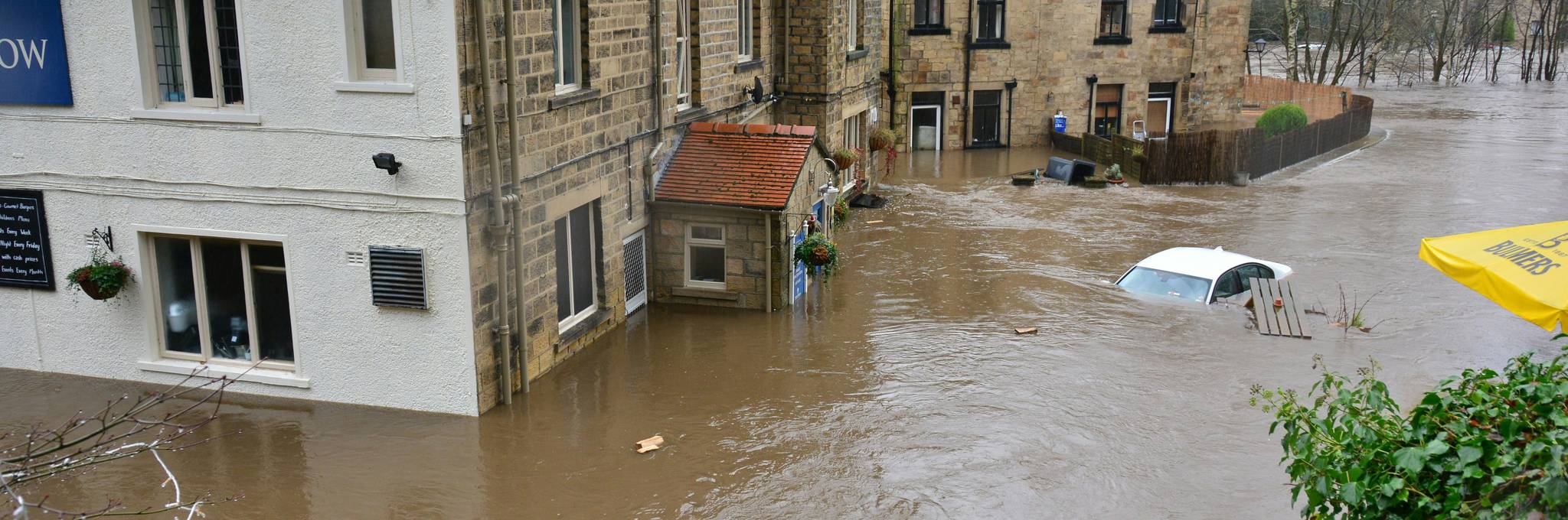 Flooded street with cars underwater