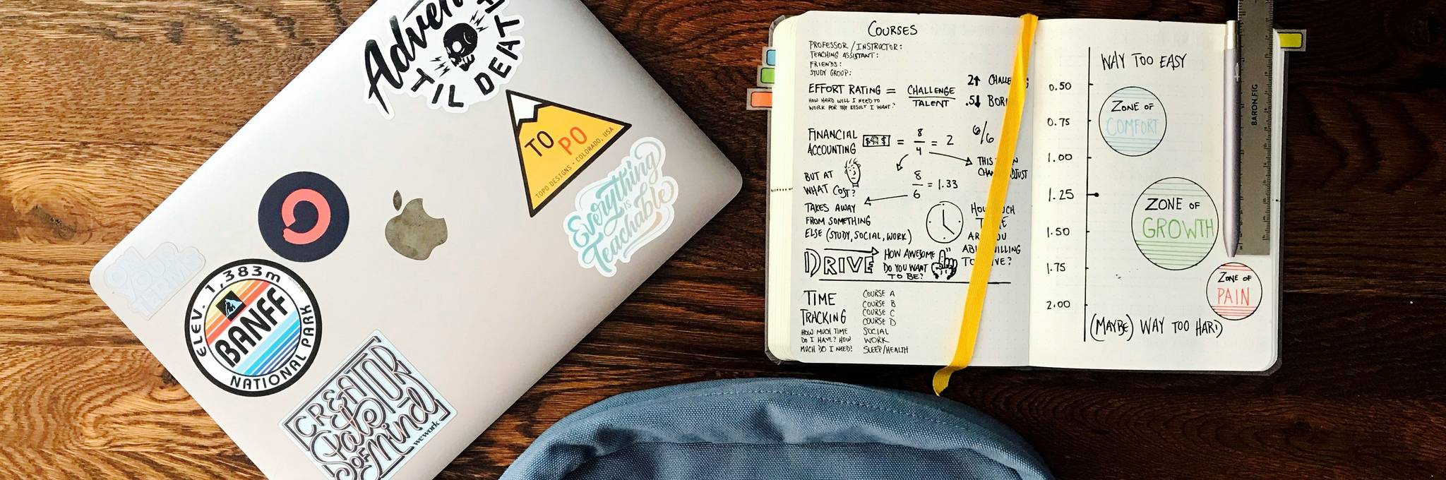 laptop, notebook, and backpack
