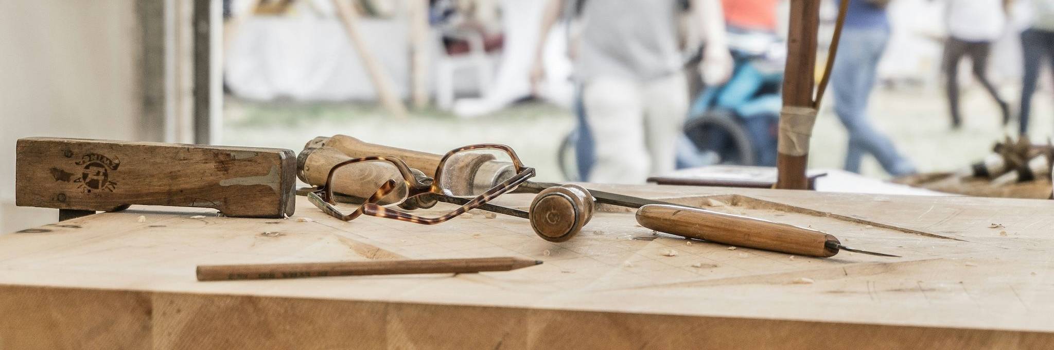 Carpentry job site with tools on a table